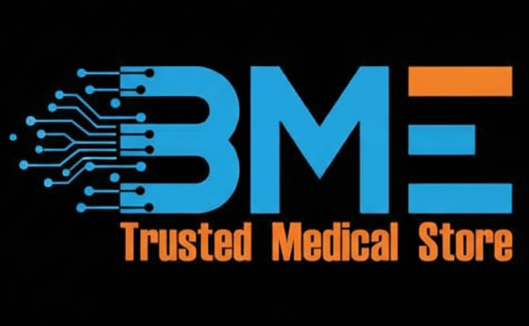Logo of BME featuring the text "BME" with a circuit design integrated into the letter "B" and the tagline "Trusted Medical Store" below. The design uses blue and orange colors on a black background