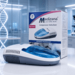 medizana-compressor-nebulizer-super-power-with-retail-box-showing-2-year-warranty-on-clinical-table